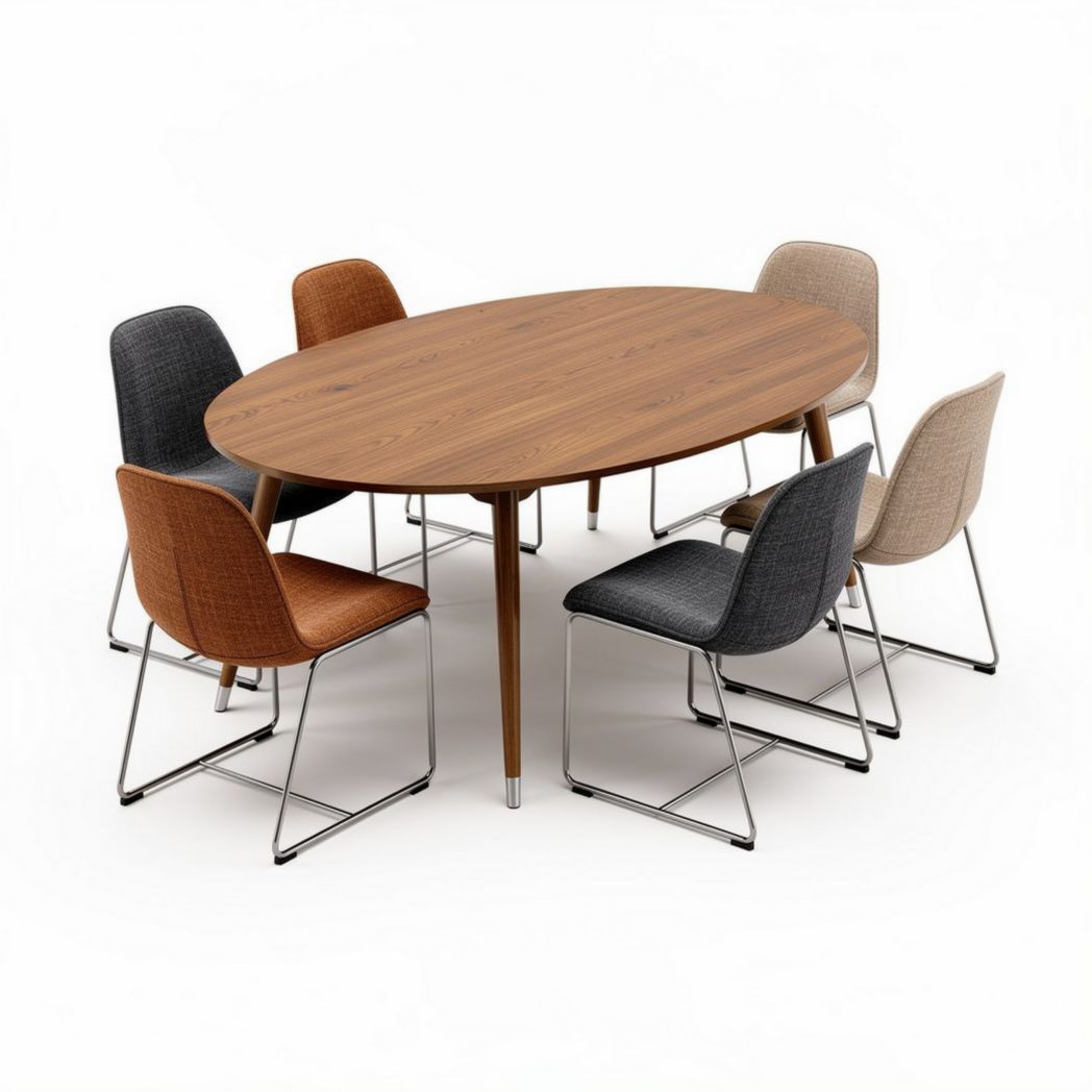 Esszimmertisch oval aus holz mit sechs stühlen in verschiedenen farben 150 x 90 x 75 cm