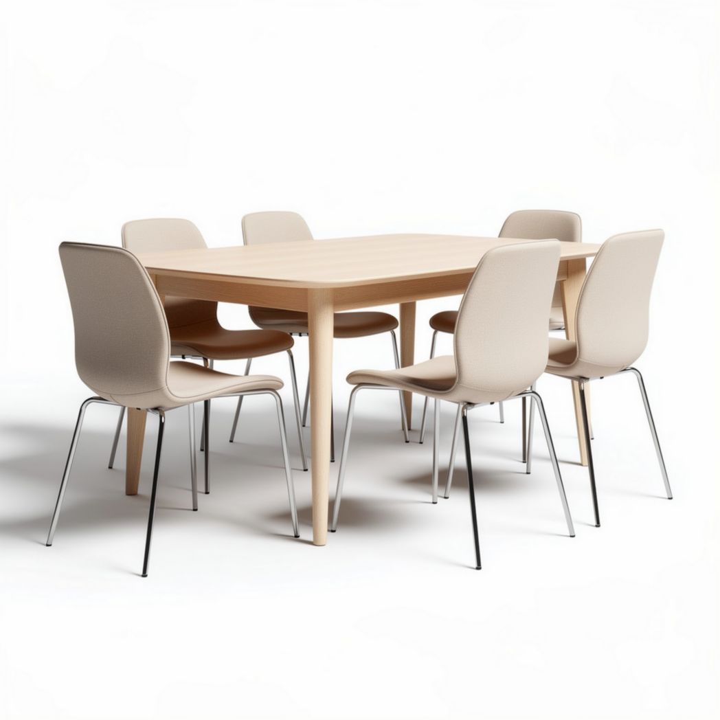 Esstisch aus holz mit sechs stühlen in beige und silbermetallegestell 200 x 100 x 75cm
