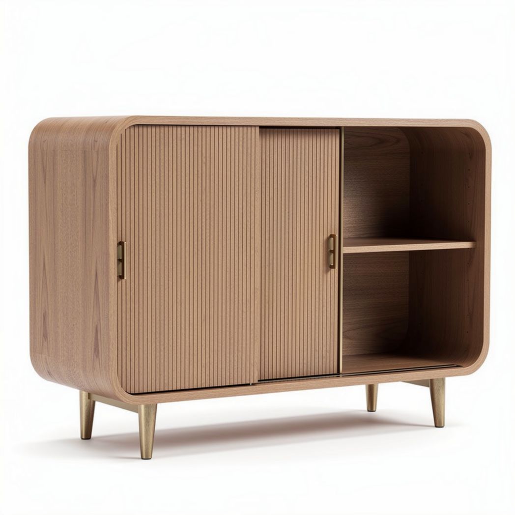 Sideboard aus Holz in naturfarbe mit schiebetüren und offenen fächern 120 x 40 x 70cm