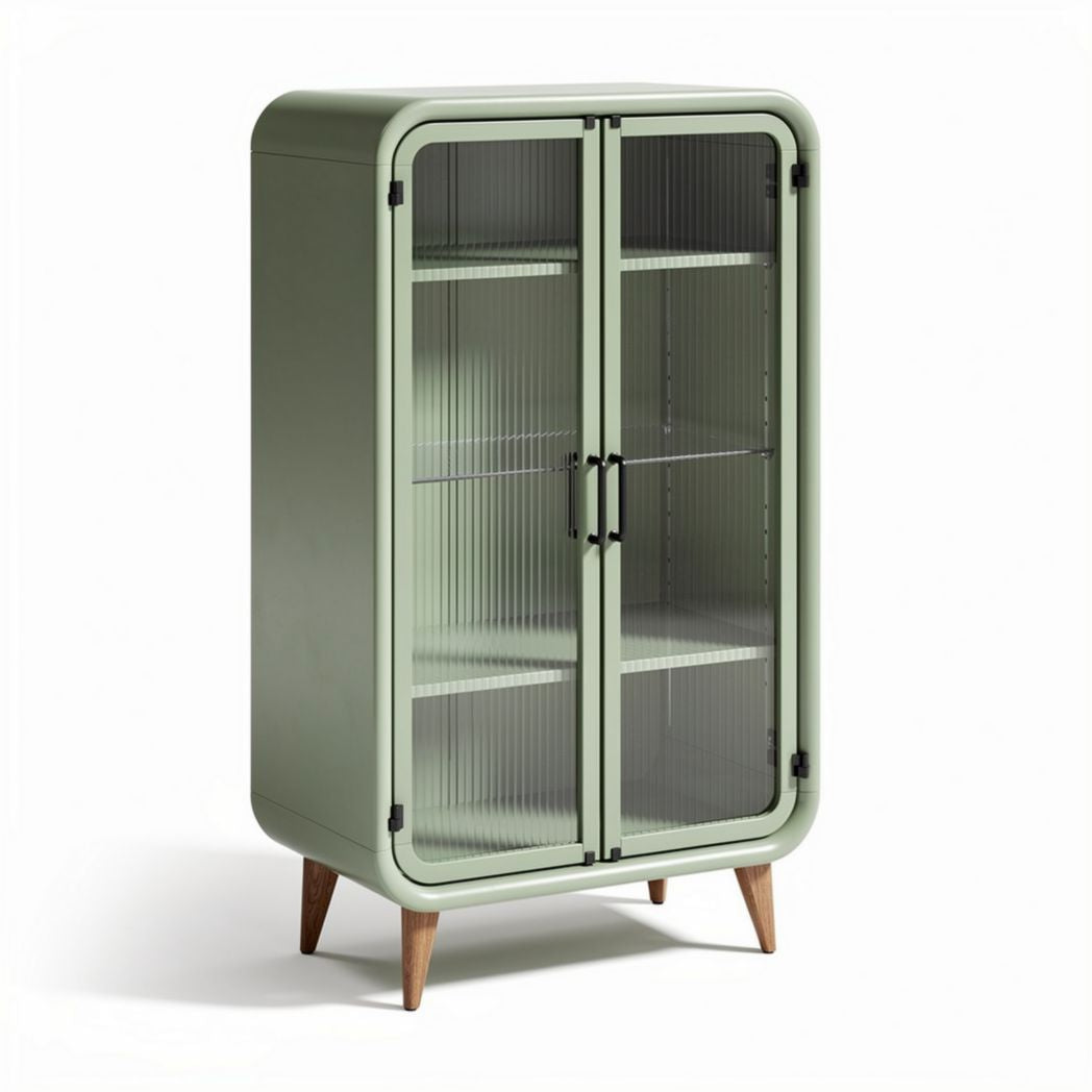 glasvitrine aus metall mit glastüren in grün 90 x 45 x 150cm